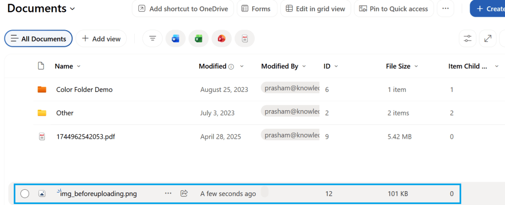 Documents library view after uploading the file
