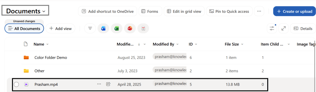 Documents library view before uploading the file