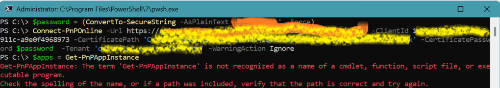 Executing PnP PowerShell - Get-PnPAppInstance - Error
