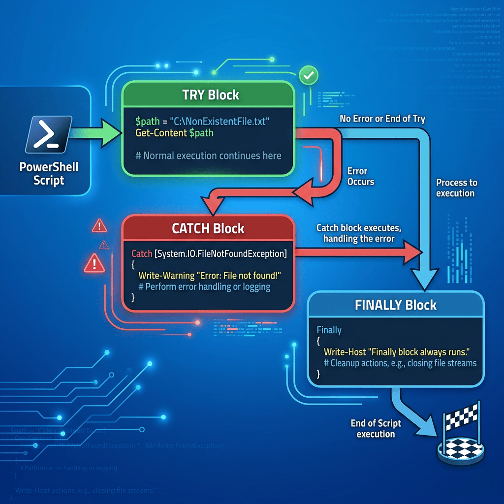 Diagram showing PowerShell script flow with try block, catch block for error handling, and finally block for cleanup.