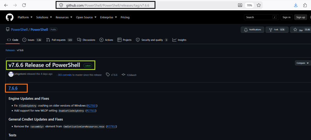 Git page of PowerShell latest version - https://github.com/PowerShell/PowerShell/releases/#release-v7.6.6